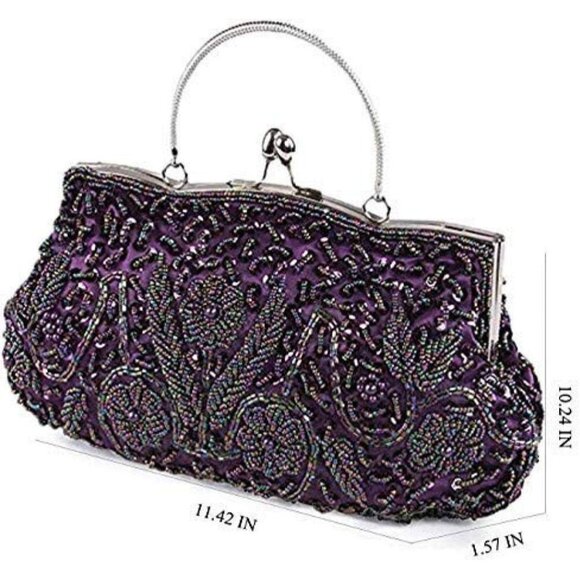 BEADED Sequin Flower Clutch Bag Purple - Picture 4 of 7